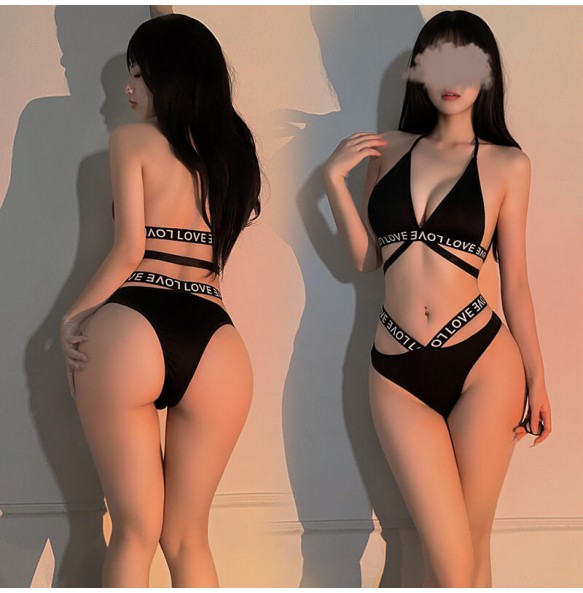 FEE ET MOI - Letter Strap Wrap-Waist Bikini (Black)